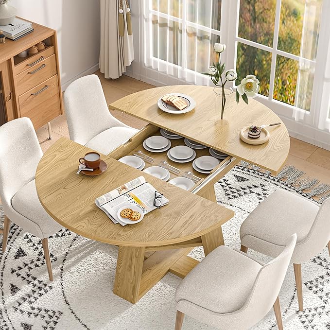 43.3in-59in Extendable Round Dining Table for 4-8,Modern Kitchen Oval Dining Table with Removable Leaves Space Saving,Wood Base with Storage Shelf for Kitchen Living Room (Wood Color)
