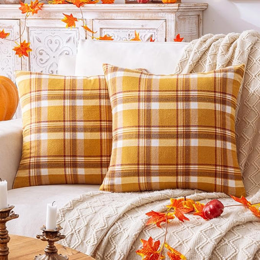 Fall Plaid Orange Brown Throw Pillow Covers 18x18 Inch, Set of 2 Autumn Decorative Throw Pillows for Couch Sofa Bed Living Room Home Decor, Accent Pillow Cases for Farmhouse Couch Cushion Covers