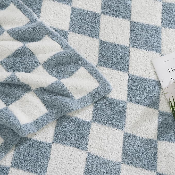 WRENSONGE Checkered Throw Blanket, Grey Blue Soft Cozy Fluffy Warm Hand Made Throw Blankets for Couch, Sofa, Chair, Bed, Camping, Picnic, Travel Lightweight Bed Blanket - 60"*80"