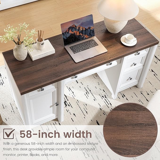 58” Executive Office Desk with Storage, White Home Office Desk with 5 Drawers, Farmhouse Writing Table with Cabinet Adjustable Shelf, White & Walnut Wooden Desk, Workspace for Study Writing