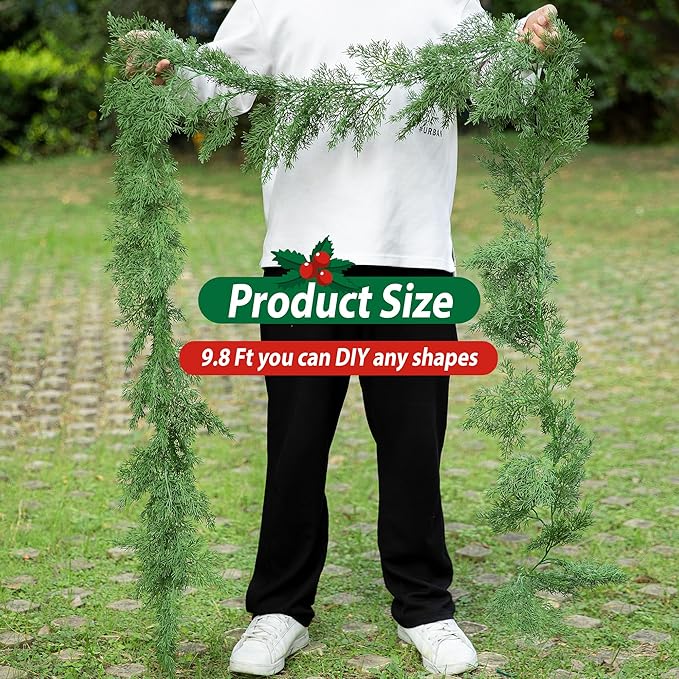 9.8 Ft Realistic Touch Norfolk Pine Garland, Greenery Artificial Pines Cypress Garland, Fake Christmas Pine Garlands for Xmas Table Mantle Fireplace Window Home Indoor Outdoor Decoration