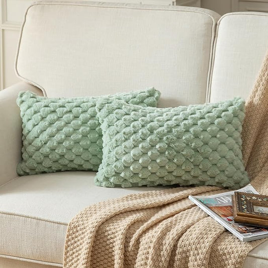 Pack of 2 Super Soft Throw Pillow Covers 12x20 Inch Faux Fur Plush Pillowcase Luxury Cozy Fluffy Decorative Cushion Cover for Sofa Couch Bed Livingroom Sage Green