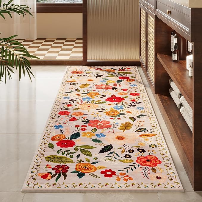 Rugcomf Runners for Hallways Kitchen Runner Rug Non Slip 2'x 10' Long Washable Rugs with Rubber Backing Soft Floral Carpet Runner for Hallways, Kitchen, Laundry, Bedroom, Bathroom(Beige)