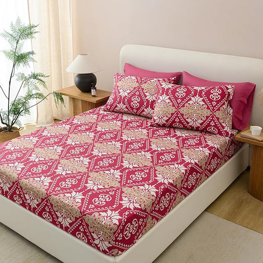 King Size Bed Sheets Set Deep Pockets - 6PC Floral Ultra Soft Microfiber Bed Sheets - Easy to Clean, 90 Thread Count Sheets with Fitted Sheet, Flat Sheet & Pillowcases (Burgundy Damask)