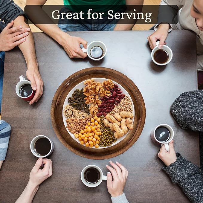 Round Wooden Tray - 12" Decorative Wood Serving Tray - Perfect for Breakfast, Lunch, Dinner, Appetizers, Patio, Ottoman, Coffee Table - Durable Living Room Couch Tray (Walnut) - ALPHA Living HOME