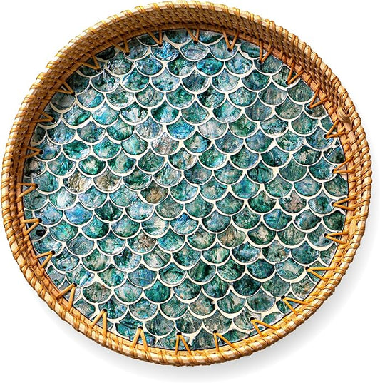 JUNGLE CULTURE Rattan Serving Tray 12" with Mother of Pearl Inlay • Coastal Boho Collection • Handcrafted Woven with Handles for Home • Round Dining Table Tray • Wicker Serving Basket – Cascade