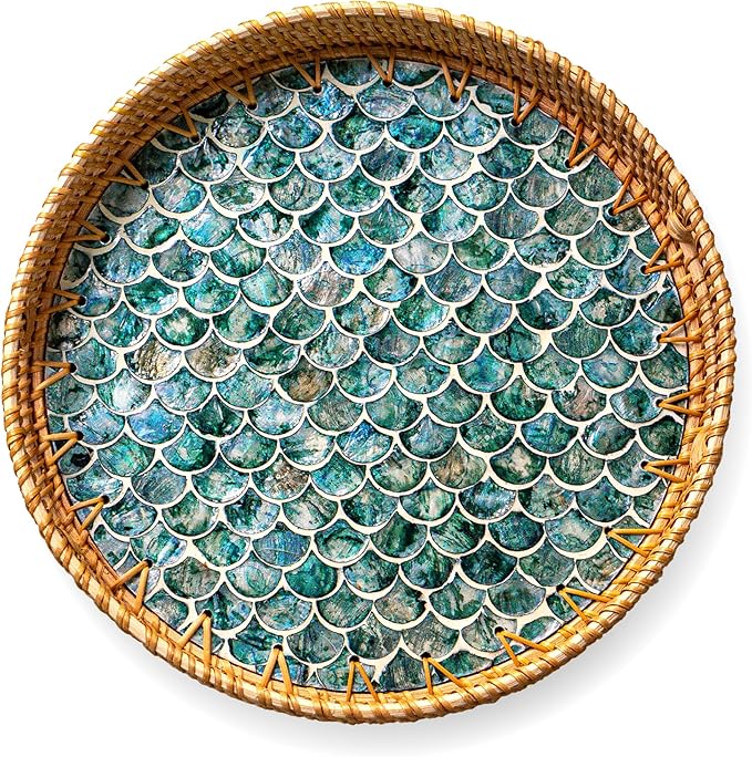 JUNGLE CULTURE Large Rattan Serving Tray 14" with Mother of Pearl Inlay • Coastal Boho Collection • Handcrafted Serving Tray with Handles • Round Woven Table Trays for Home • Wicker Basket – Cascade