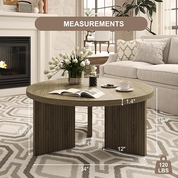 Wooden Round Coffee Table, 35" Coffee Table with Smooth Thick Mesa, Low Circle Center Table with X Shaped Stable Legs, Accent Tea Table for Living Room, Office, Walnut