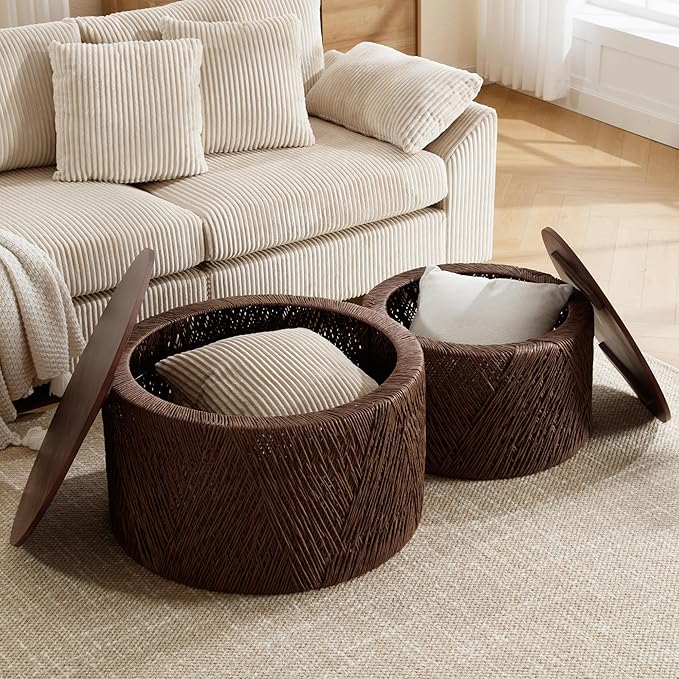 Large Farmhouse Round Coffee Table with Storage Boho Living Room Table Hand-Woven Rattan Nesting Coffee Tables for Living Room, Brown