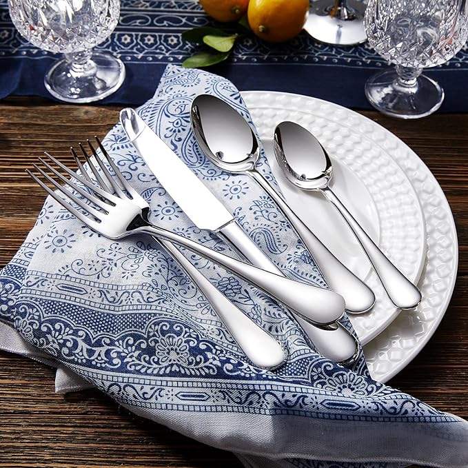 KEAWELL Premium Verona 65-Piece Silverware Set for 12 – Heavy Duty 18/10 Stainless Steel, Brilliant Mirror Finish, Smooth Edges, Dishwasher Safe (65, Silver)
