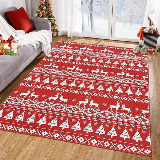 RUGSREAL Christmas Area Rug 5x7 Feet Christmas Tree and Deer Pattern Floor Cover Boho Style Machine Washable Indoor Carpet Rug Decorative Non Slip Accent Rug for Kitchen Living Room Bedroom