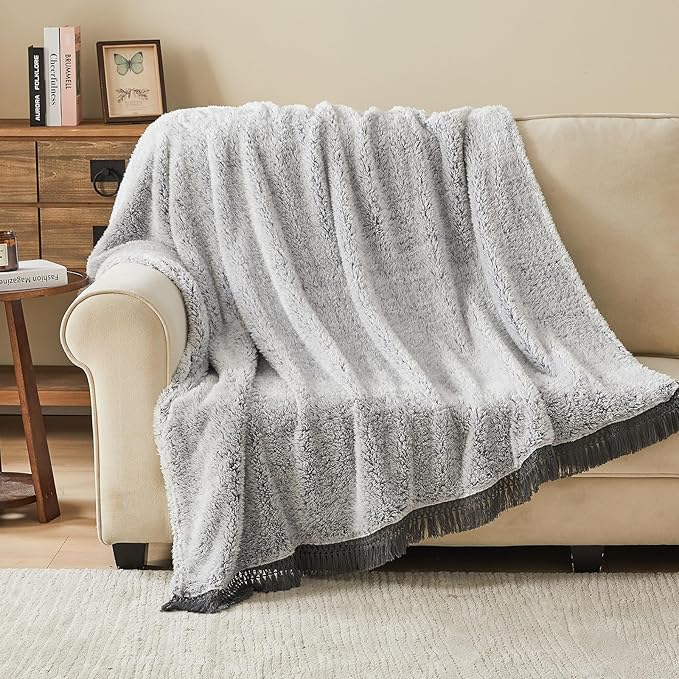 EMME Soft Sherpa Fleece Blanket with Tassel, Reversible Plush Fluffy Large Blanket, Light Weight Warm Decorative Boho Blanket Cover for Sofa, Couch, Bedroom,Travel(Tassel Grey,90"x90")