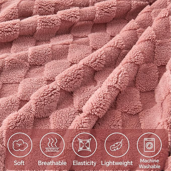 BEDELITE Super Soft Throw Blanket for Couch and Bed, Lightweight Cozy Fluffy Decorative 3D Checkered Blanket, Warm and Fuzzy Fleece Blanket for Camping, Travel(Dusty Pink, 50"x60")