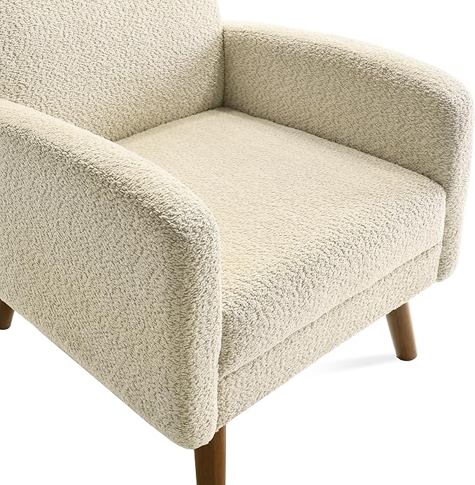Ultra Comfortable Accent Chair with Deep Seat, Mid-Century Modern Boucle Upholstered Armchair with Rubberwood, Minimal Assembly Required, Cozy Armchair for Living Room or Bedroom (Beige, Single 1)
