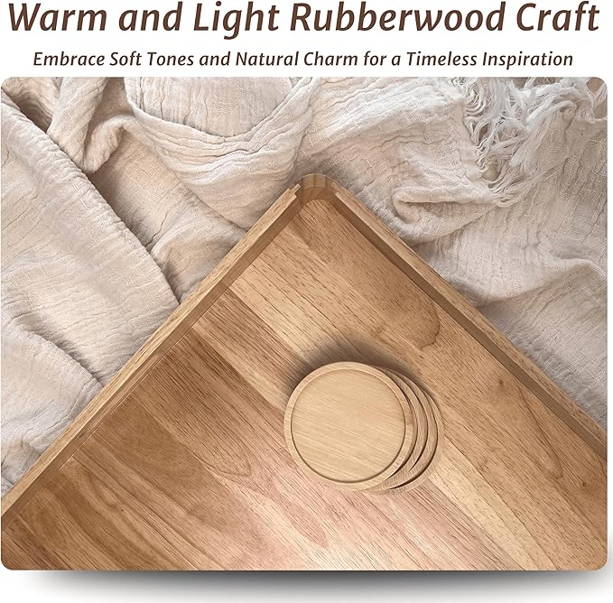 Wooden Ottoman Tray for Living Room – Large 19" Square Serving Tray with Handles & 6 Coasters Set, Ideal for Coffee Table, Couch, Kitchen, Breakfast, Food, Drinks & Home Decor