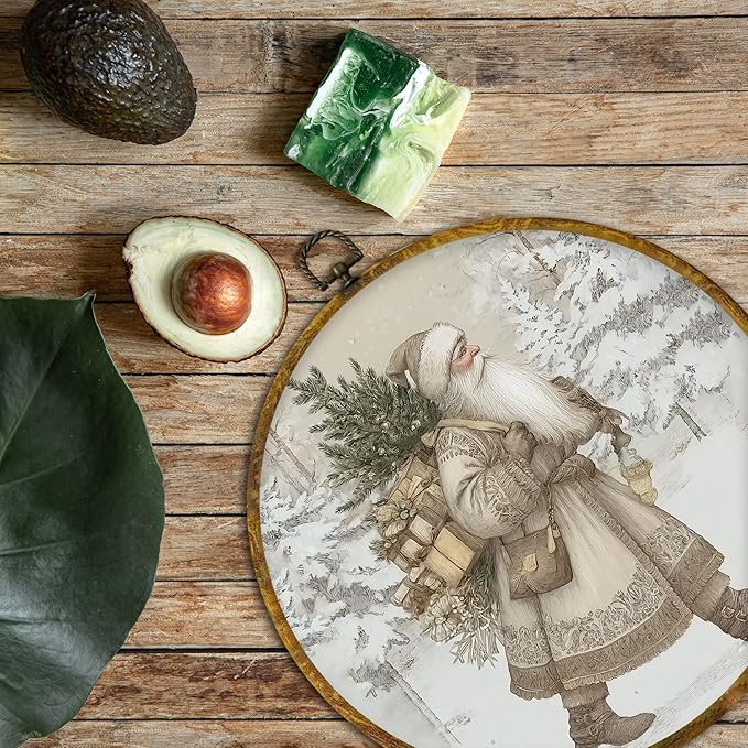 QZQE Vintage Christmas Santa Round Wall Art Decor Framed, Antique Christmas Circle Canvas Prints, Rustic Winter Neutral Xmas Santa Circular Wall Hanging Decor for Home Bedroom Living Room, 10x10 Inch