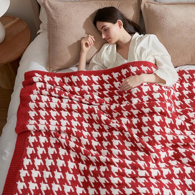 Snuggle Sac Christmas Red Houndstooth Throw Blanket for Couch, Reversible Super Soft Warm Blankets Cozy Knit Fuzzy Plush Lightweight Throws for Sofa Bed Houndstooth Red, 50x60 inches