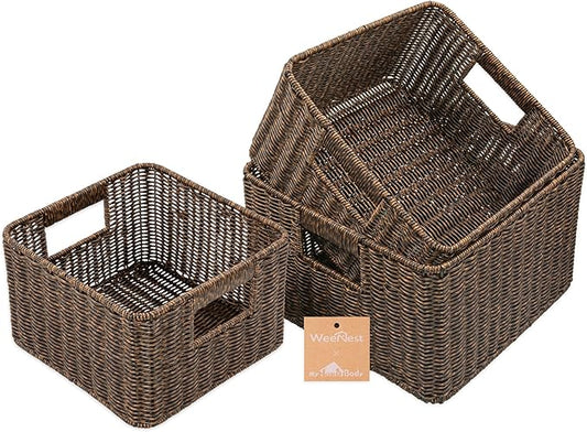myHomeBody Wicker Storage Basket, Storage Cubes, Woven Baskets for Organizing, Resin Wicker Set of 3, Rustic Brown