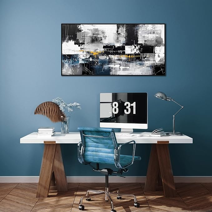 Abstract Art Wall Decor Black Framed Room Decor Blue Wall Painting for Bedroom Office Decorations 24"x 48"