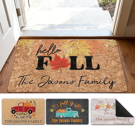 Fall Welcome Doormat, Personalized Door Mat Hello Fall Custom Home Decor Floor Mat, Non-Slip Rubber Rugs, Washable Carpet for Indoor Outdoor Front Door Porch Entryway