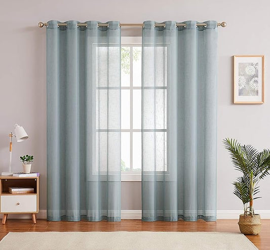 Linen Sheer Window Curtain Panel Pairs 108 Inches Extra Long for Living Room with Grommets/Eyelets Rustic Window Treament Drape Set Bedroom Farmhouse- 2 Panels, Spa/Light Teal, 54x108 Inch