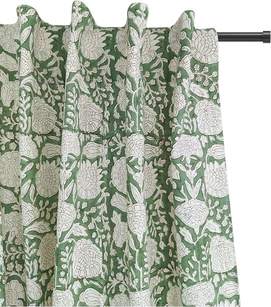 ATOSII 100% Cotton Single Panel Floral Block Print Curtain, Easy Hanging with Rod Pocket & Loop, Living Room, Dining Room, Bedroom Light Filtering Boho Curtains, Set of 1, 60" W X 96" L, Jade Green
