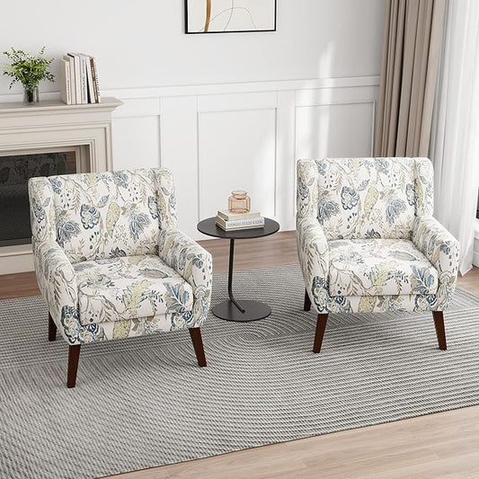 UIXE Floral Accent Chair, Modern Upholstered Armchair in Fabric for Living Room, Comfy Club Arm Chairs Single Sofa Button Tufted Bedroom Reading Seat - Pattern Leaf, Set of 2