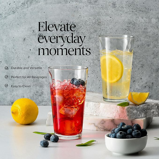 Drinking Glasses Set. Highball Glass Cups 17 oz by Home Essentials Water Colins Cooler Beverage Glassware. For the Bar, Beer, Juice, Iced Tea, and Cocktails. Dishwasher Safe. (Set of 4)