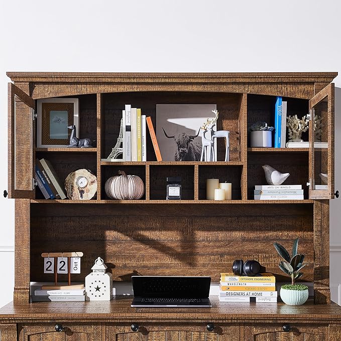 OKD Farmhouse Hutch for 60" Executive Desk, Office Desk Storage Cabinet with Glass Doors and Shelves, Top Hutch Organizer for Home Office - Reclaimed Barnwood