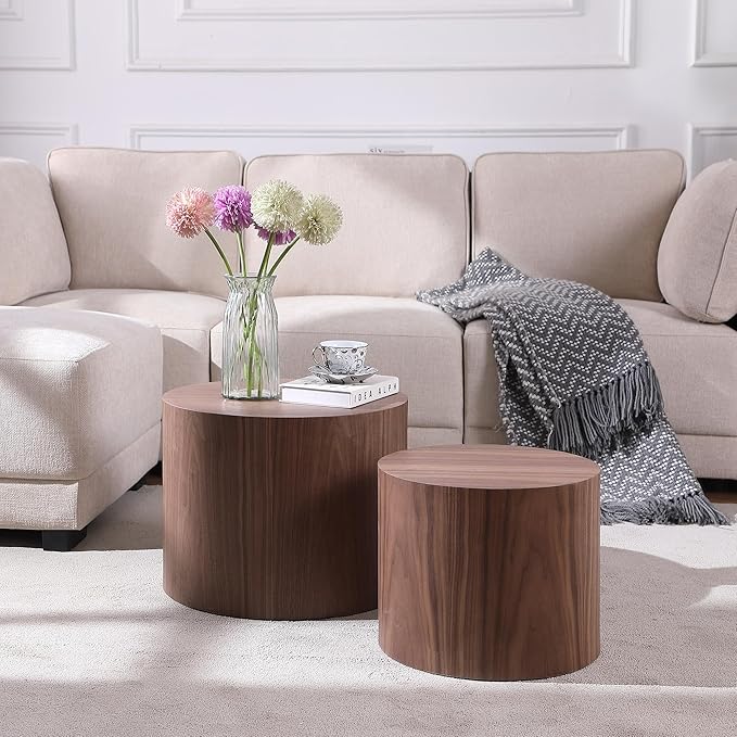 Round Coffee Table Set of 2, Nesting Coffee Table and End Table Set Wood Small Circle Drum Side Table for Living Room Office, No Assembly,Walnut