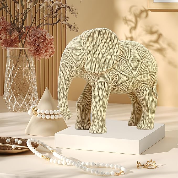 9-inch Beige Resin Elephant Statue - Small Home Decor Sculpture for Shelf, Dresser & Table Centerpiece, Classic Elephant Figurine for Living Room & Bedroom