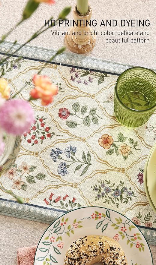 ISAENNE Designer Vintage Elegant Linen Table Runner 87 Inches Long,Colorful Wildflower Pattern Runner,Decor Table Runners for Dining Tables,Thanksgiving,Christmas,Banquet,12"*87"-Serenity B