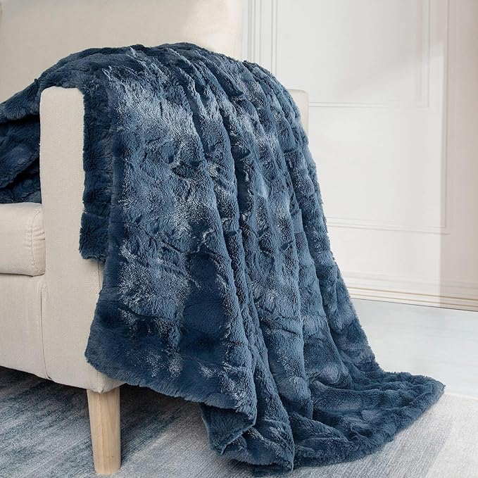 TOONOW Faux Fur Luxury Throw Blanket,Double Side Soft Fluffy Shaggy Fuzzy Blanket for Couch Sofa Bed (Navy, Throw)