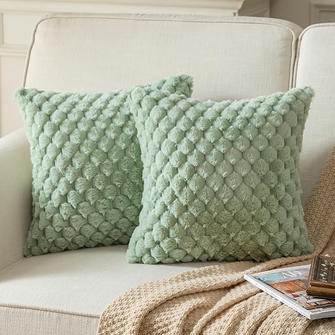 Pack of 2 Super Soft Throw Pillow Covers 18x18 Inch Faux Fur Plush Pillowcase Luxury Cozy Fluffy Decorative Cushion Cover for Sofa Couch Bed Livingroom Sage Green