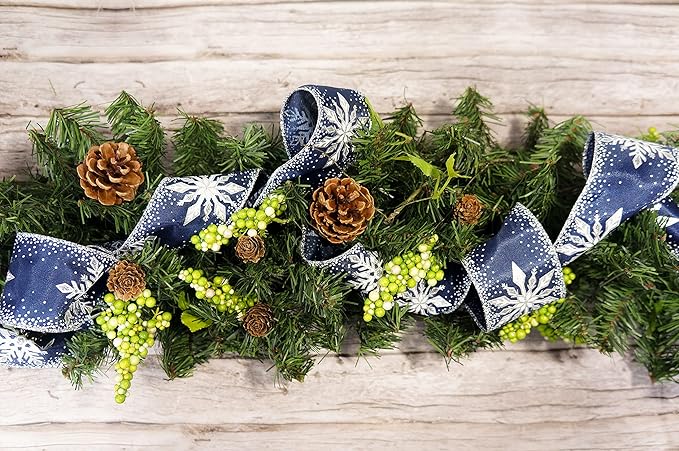 CT CRAFT LLC Navy Satin with Silver Snowflake Wired Ribbon 2.5 Inch x 10 Yards for Christmas Home Decor Tree Topper Bow Gift Wrapping DIY Crafts Wreath Garland