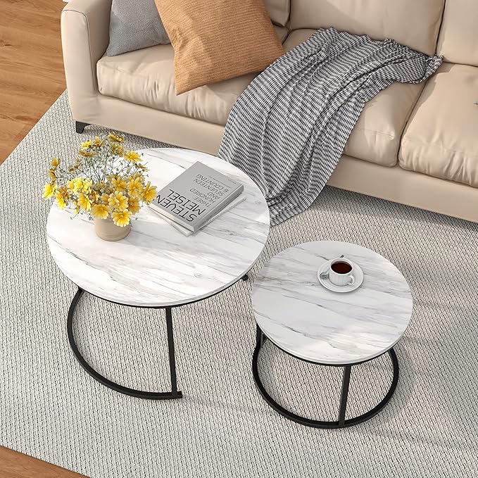 HOJINLINERO Nesting Round Coffee Table Set of 2 End Tables for Living Room,Circular and Marble Coffee Table Wooden Accent Furniture with Metal Frame,Stacking Side Tables,Black