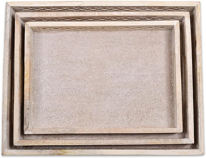Mela Artisans Whitewash Wooden Decorative Tray with Handles | 16x12x2.5 Mango Wood Ottoman Tray | for Kitchen Countertop | Coffee Table | Snacks | Desserts | Breads | Bedroom Decor
