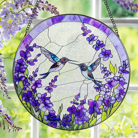 8 Inch Hummingbirds Among Lavender Flowers Stained Glass Suncatcher, Wall Art, Window Hanging, Indoor Decor, Gifts for Women, Sun Catcher