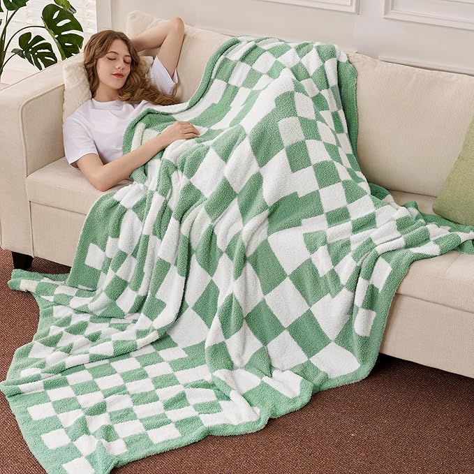Joiedomi Twin Blanket for Couch, Sage Green Checkered Knitted Blankets Gifts for Women Mom Girls, Cozy Cute Soft Throw Home Room Decor Aesthetic Women Mothers Birthday Gifts 60x80 Inches