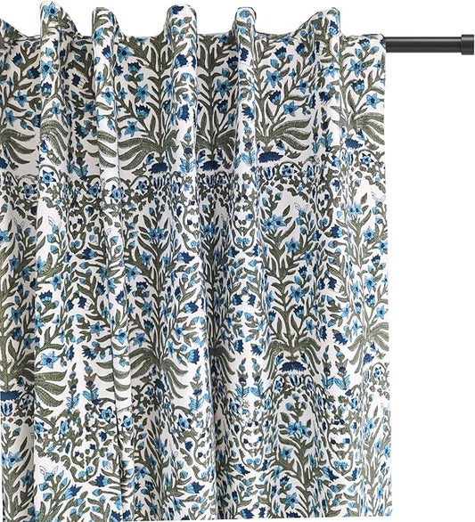 ATOSII 100% Cotton Single Panel Floral Block Print Curtain, Easy Hanging with Rod Pocket & Loop, Living Room, Dining Room, Bedroom Light Filtering Boho Curtains, Set of 1, 60" W X 108" L, Nargis Blue