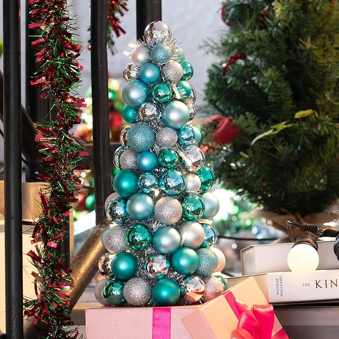 Amooca 16in Christmas Ball Tree with LED Lights Table Centerpiece Fireplace Decor Indoor Holiday Party Home Decoration Light Blue Silver