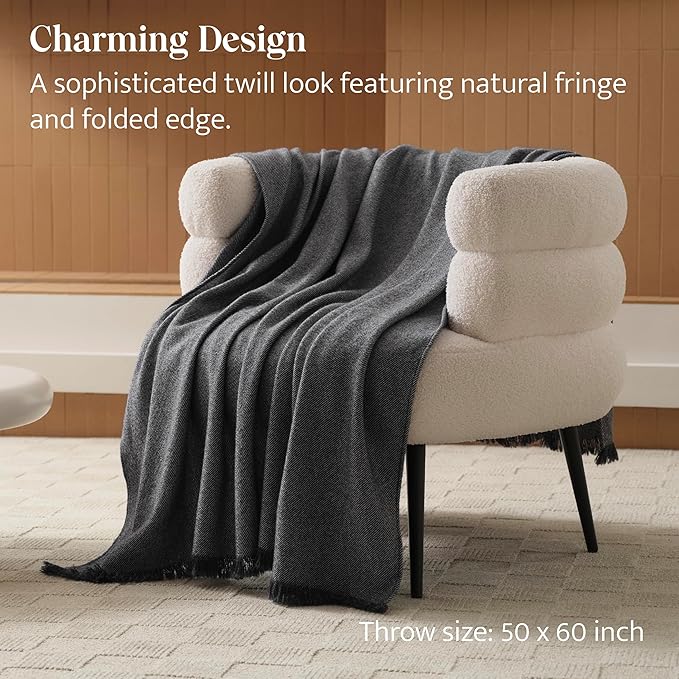 Double Stitch Cashmere Wool Throw Blanket, Mongolian Cashmere & Australian Wool Blend, Classic Twill Pattern with Fringes, Ultra-Soft & Luxuriously Warm Throw Blanket for Couch, 50"x60", Bristol Black