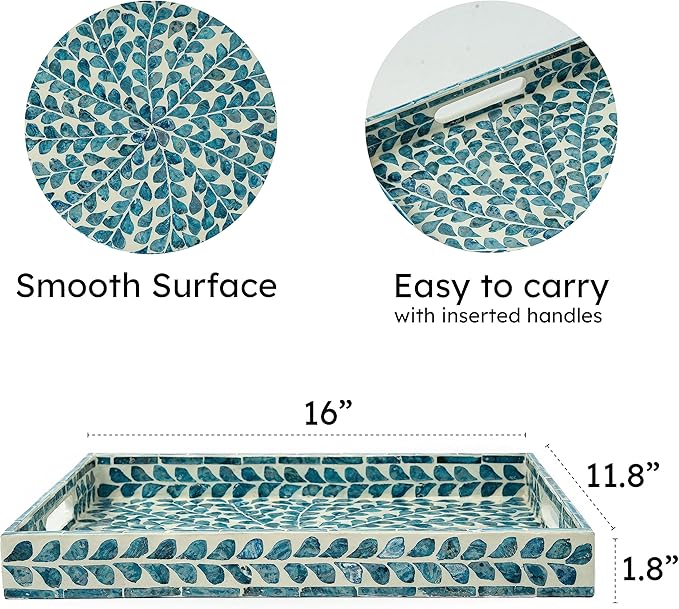 CLAYNIX Serving Tray 15.7" X11.8", Lacquer Mother of Pearl Inlay Mosaic Tray, Rectangle Wooden Marble Tray with Handles Trays for Tea, Breakfast in Bed, Table (Blue)