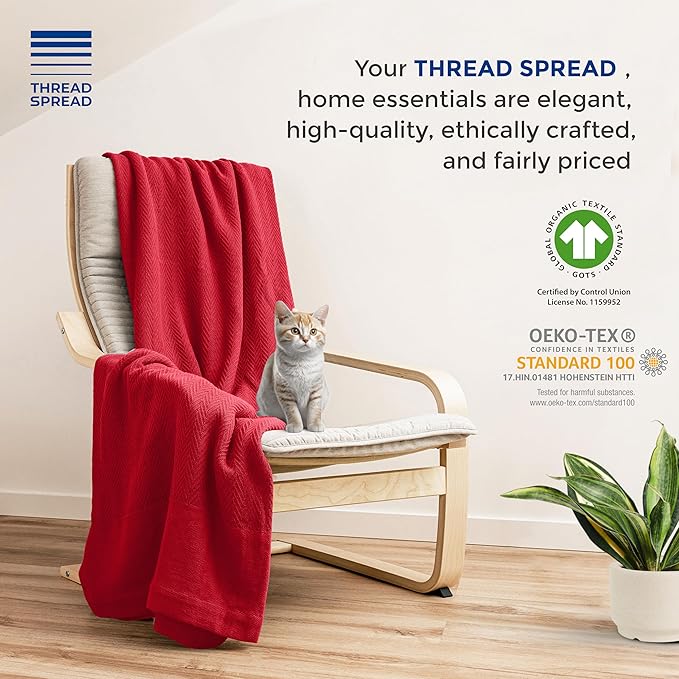 THREAD SPREAD Organic GOTS Cotton Blanket, Full/Queen - 350 GSM, Antistatic, Fuzzy Soft, Lightweight, Sofa, Camping & Travel, Perfect Herringbone All Seasons Throw, Red + Complimentary Tote Bag