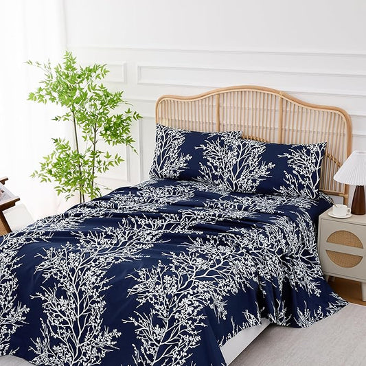 Spirit Linen Bed Sheets Queen Size - Pure Microfiber 4 Piece Polyester Bed Sheets - Soft Sheets Queen for All Seasons (Foliage Navy/White, Queen)