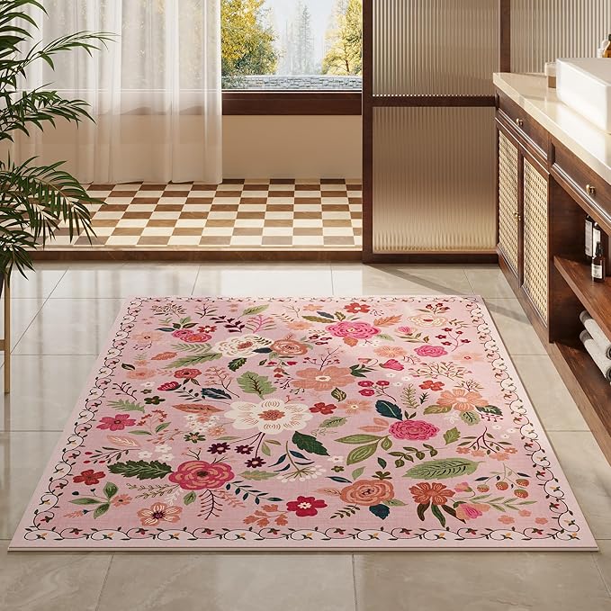Rugcomf Area Rug 4x6 Rug Washable Boho Rugs Non Slip Low Pile Floral Small Carpet for Bedroom, Bedside, Kids Room, Office, Dining Room(Pink)