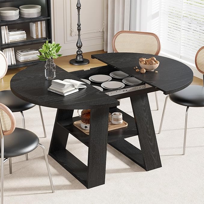 43.3in-59in Extendable Round Dining Table for 2-8,Modern Kitchen Oval Dining Table with Removable Leaves Space Saving,Wood Base with Storage Shelf for Kitchen Living Room (Black Style 2)