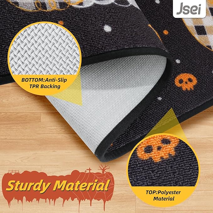 JSEI Halloween Holiday Doormat, 17''x30'' Non-Slip Ghost and Pumpkins Decorative Welcome Mats for Floor, Low-Profile Entryway Rugs Washable, Pumpkins Party Pattern