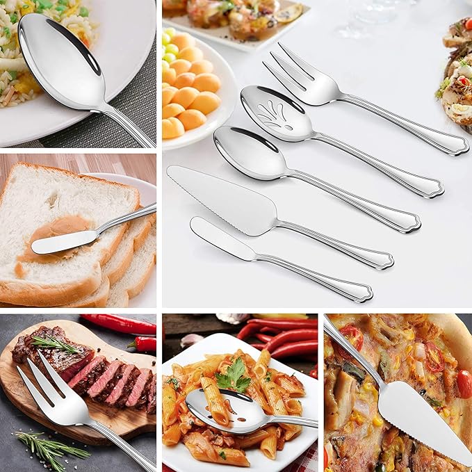 LIANYU 29-Piece Silverware Flatware Set for 4, Plus Steak Knives and Serving Utensils, Stainless Steel Cutlery Set, Eating Utensils Tableware with Scalloped Edge, Dishwasher Safe