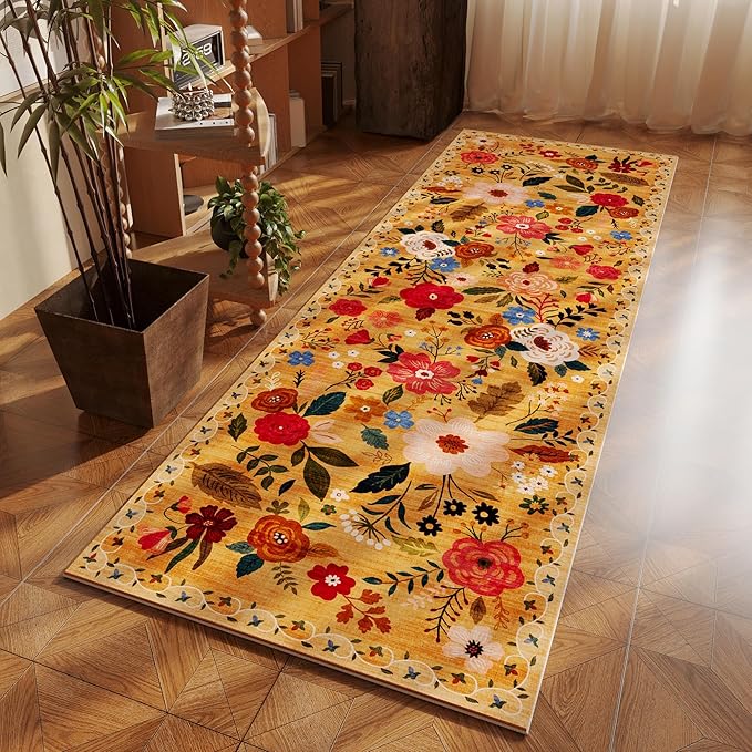 Rugcomf Runner Rug for Hallways Kitchen Rug Non Slip 2'6''x8' Washable Runner Rugs with Rubber Backing Soft Floral Carpet Runner for Hallways, Kitchen, Laundry, Bedroom, Bathroom(Yellow)